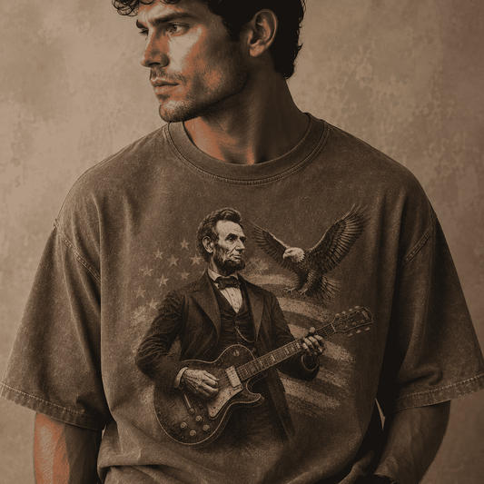 Man wearing a t-shirt with a graphic of Abraham Lincoln playing guitar against an American flag.