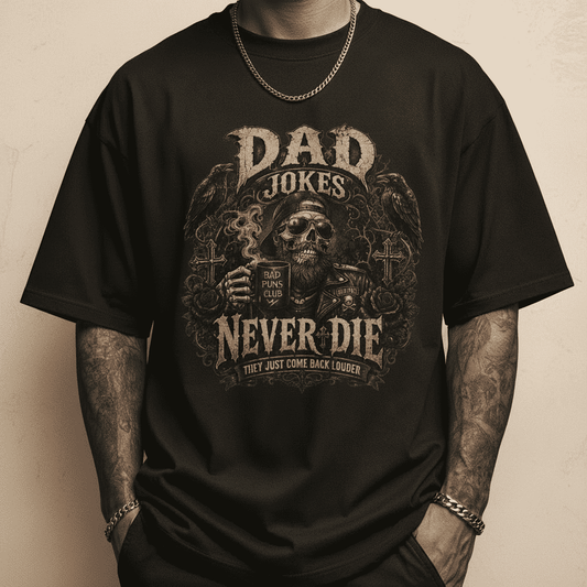 Black t-shirt with skull graphic and text on a dark background