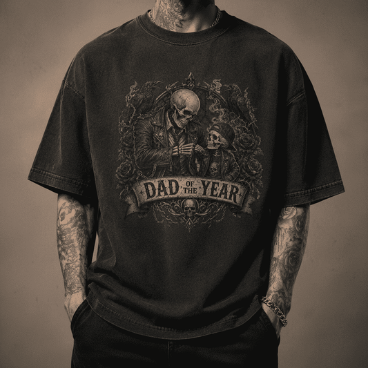 Black t-shirt with 'Dad of the Year' graphic design on a dark background