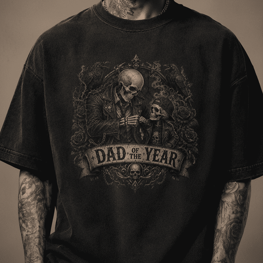 Black t-shirt with 'Dad of the Year' graphic design featuring a skeleton holding a baby.