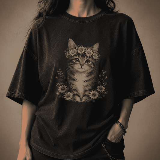 Person wearing a black t-shirt with a cat and floral design on a dark background