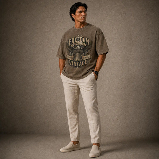 Man wearing a gray t-shirt with 'Freedom Vintage' text and white pants against a brown background