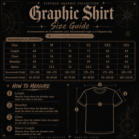Vintage graphic shirt size guide with measurements and illustrations on a dark background