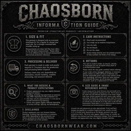 Information guide for Chaosborn streetwear product on a black background