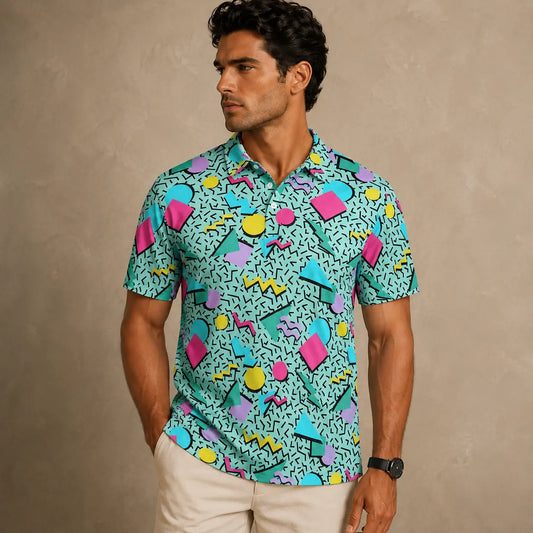 Man wearing a colorful patterned shirt against a beige background