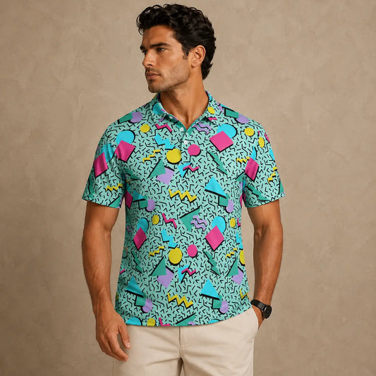 Man wearing a colorful patterned shirt against a beige background