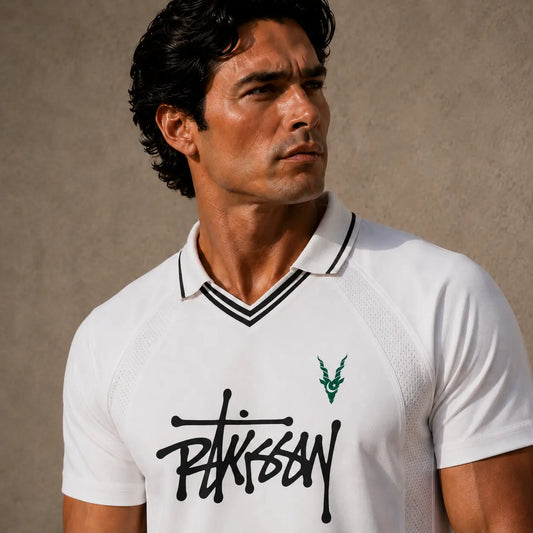 Man wearing a white polo shirt with branding against a neutral background