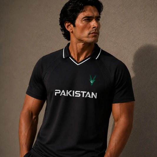 Man wearing a black 'Pakistan' shirt against a brown background