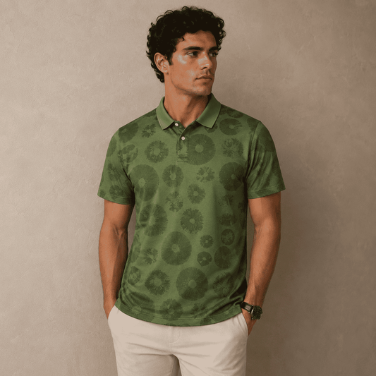 Man wearing a green patterned polo shirt against a beige background