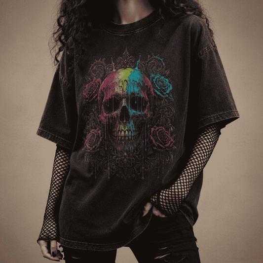 Oversized Skull Graphic Shirt Rainbow Rose Gothic CHAOSBORN - Chaos Born