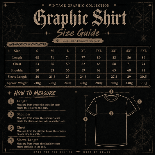 Vintage graphic collection graphic shirt size guide with measurements and a black t-shirt illustration.