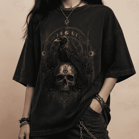 Oversized Gothic Shirt Raven Skull Moon CHAOSBORN - Chaos Born