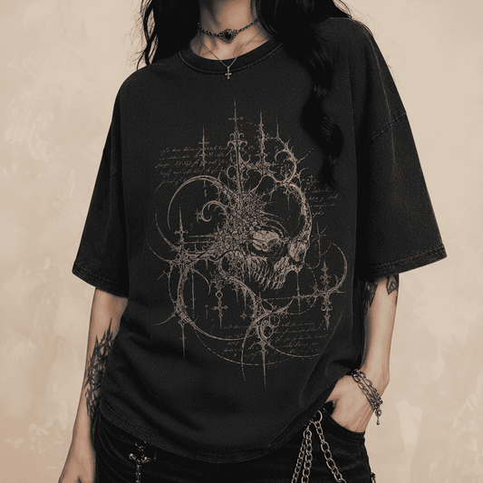 Person wearing a black t-shirt with a detailed design on a dark background