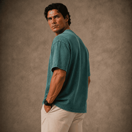 Man wearing a teal shirt and beige pants against a brown background