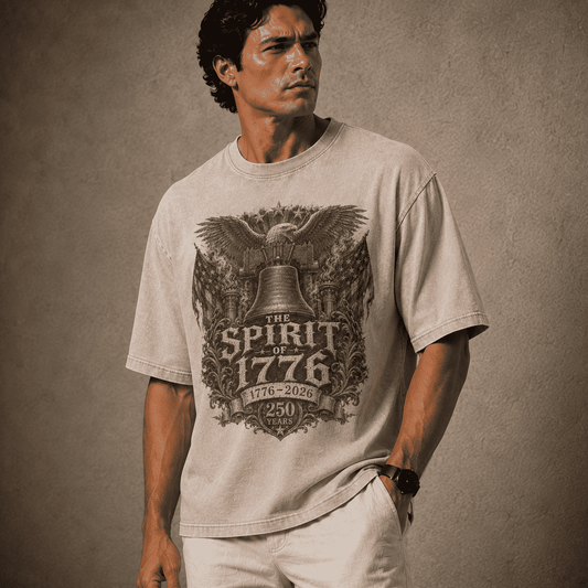 Man wearing a t-shirt with 'The Spirit of 1776' design on a textured brown background