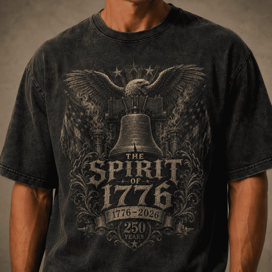 Black t-shirt with 'The Spirit of 1776' design featuring an eagle and bell on a neutral background.
