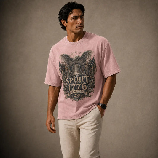 Man wearing a pink t-shirt with a graphic design on a brown background