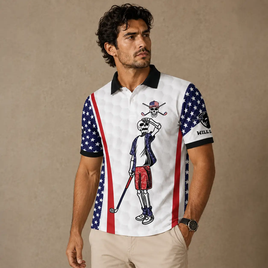 Mens Golf Shirt USA Flag Skeleton Golfer Polo Shirt Chaosborn