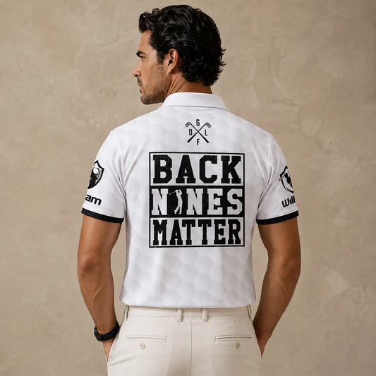 Mens Golf Shirt White Black Flag Back Nine Polo Shirt Chaosborn