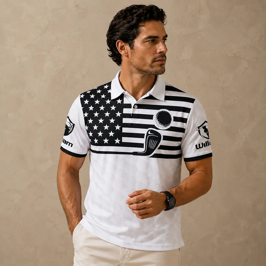 Mens Golf Shirt White Black Flag Back Nine Polo Shirt Chaosborn