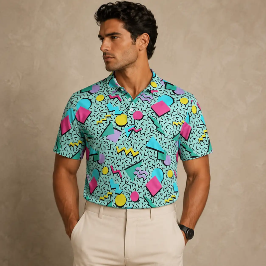 Mens Vintage Polo Shirt Aqua Geo Pattern Golf Shirt Chaosborn