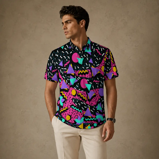 Mens Vintage Polo Shirt Neon Geo Pattern Golf Shirt Chaosborn