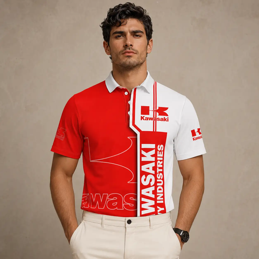 Motorsport Polo Shirt Mens Red White Printed Golf Shirt Chaosborn