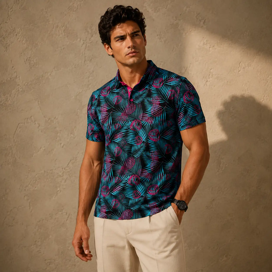 Man wearing a patterned shirt and beige pants against a textured wall.