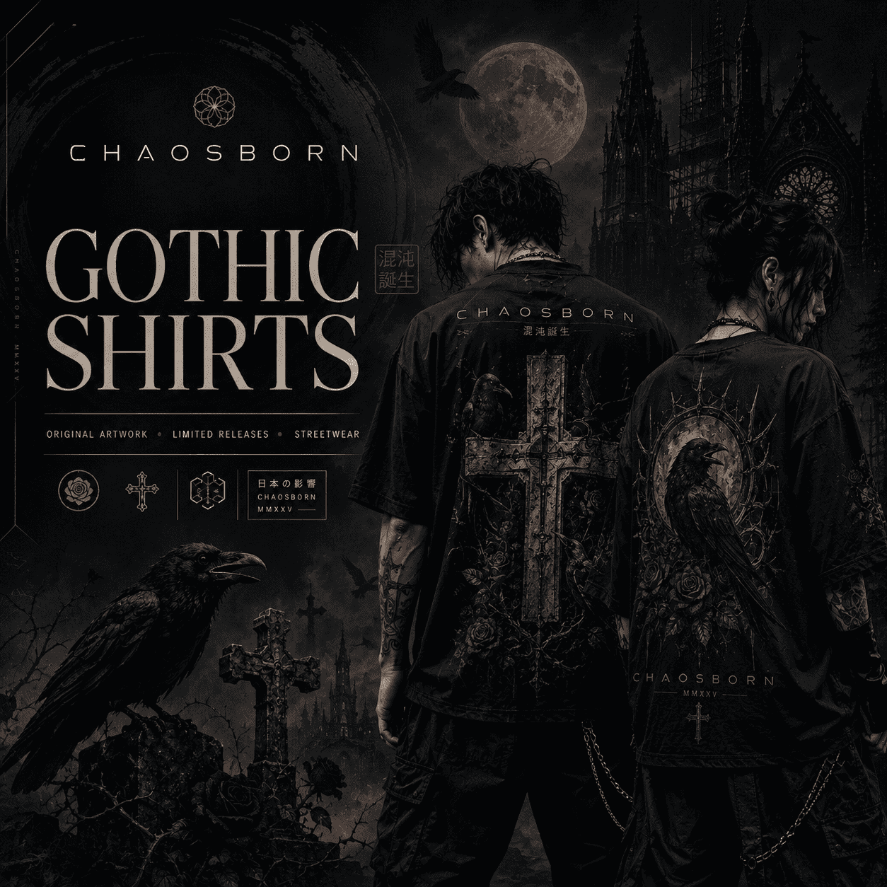 Gothic shirts by CHAOSBORN with original dark artwork, raven and cross graphics, roses, limited releases and premium streetwear design