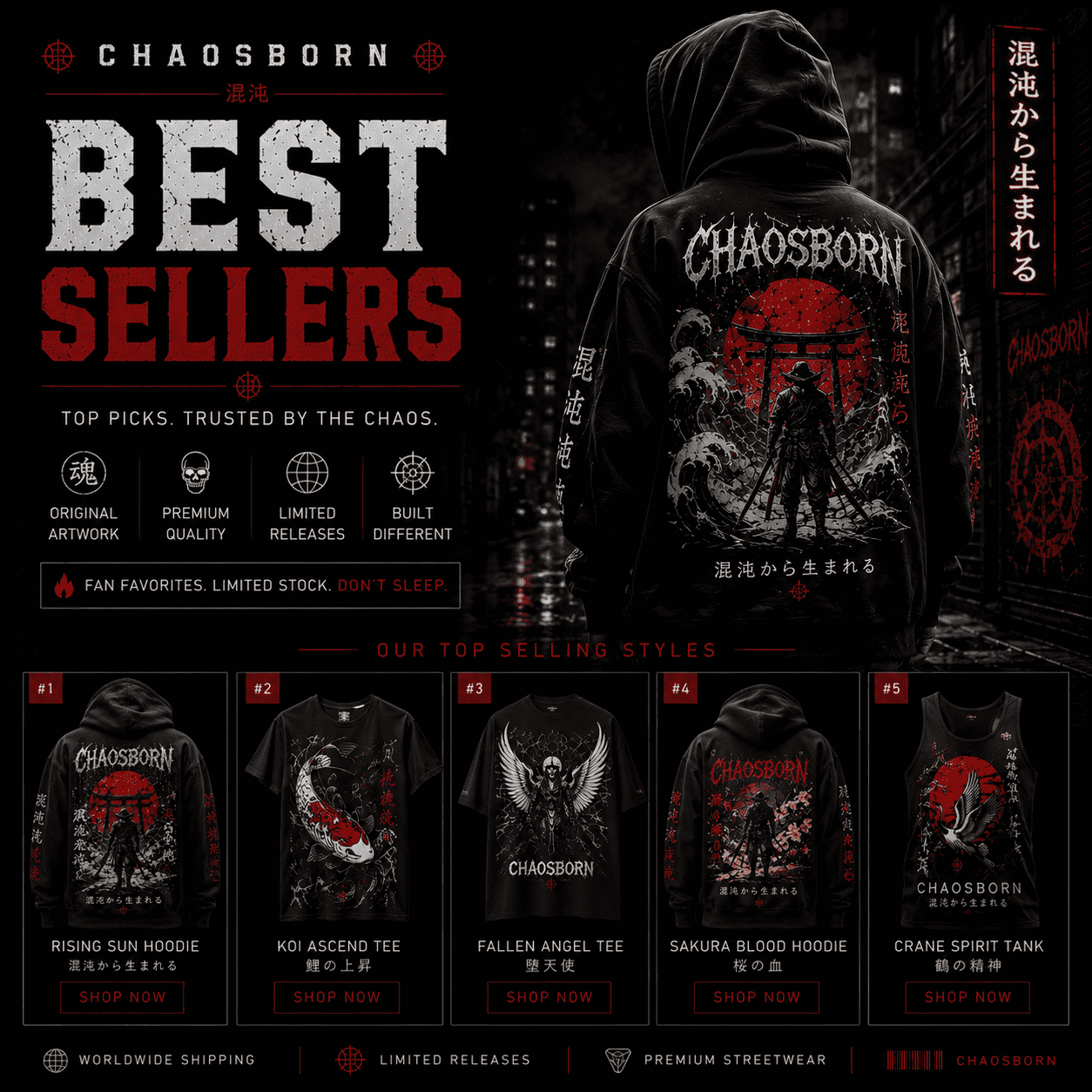 Best sellers by CHAOSBORN featuring top-selling graphic hoodies, shirts and tank tops with original artwork, dark streetwear styling and limited release designs.