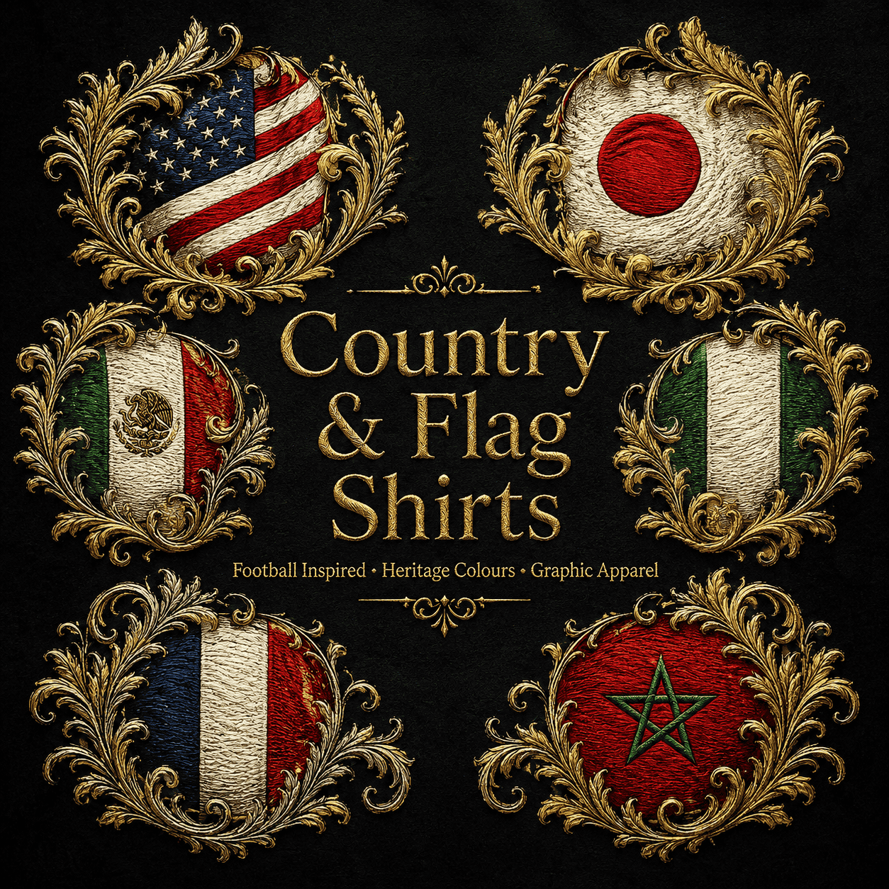 Country & Flag Shirts collection image featuring premium embroidered flag-inspired artwork, ornate gold details, national colours, and football-inspired graphic apparel.