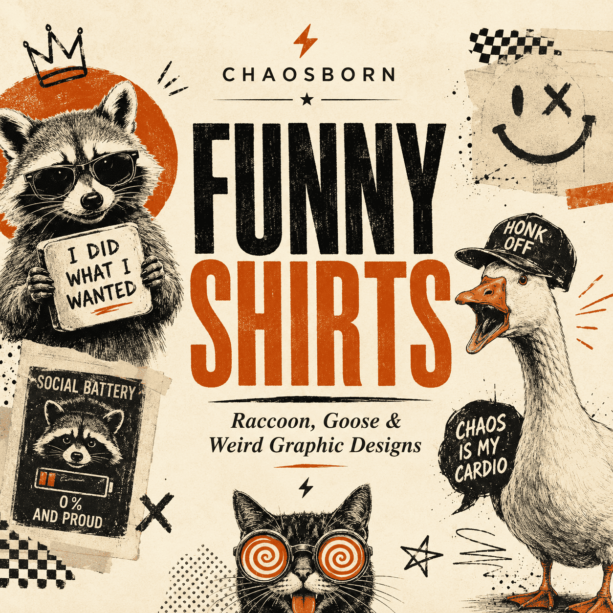 Funny shirts collection image featuring raccoon shirts, goose shirts, weird animal graphics, and vintage CHAOSBORN graphic designs