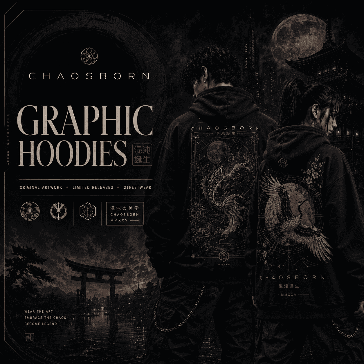 Graphic hoodies by CHAOSBORN featuring original streetwear artwork, dark Japan-inspired visuals, koi and crane graphics, limited releases and premium hoodie styling.