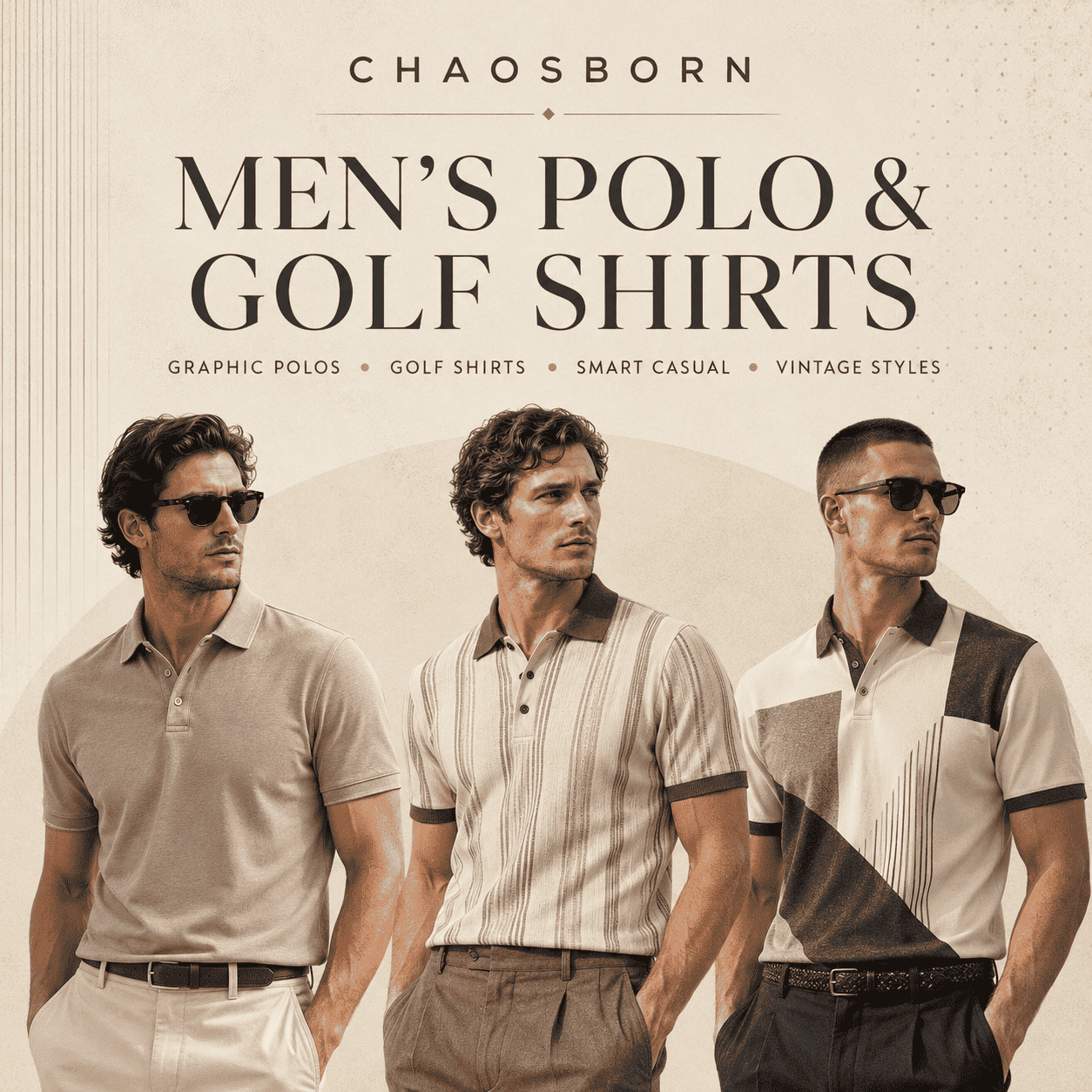 Men’s polo shirts and golf shirts collection image featuring smart casual polos, graphic polos, vintage styles, and CHAOSBORN menswear