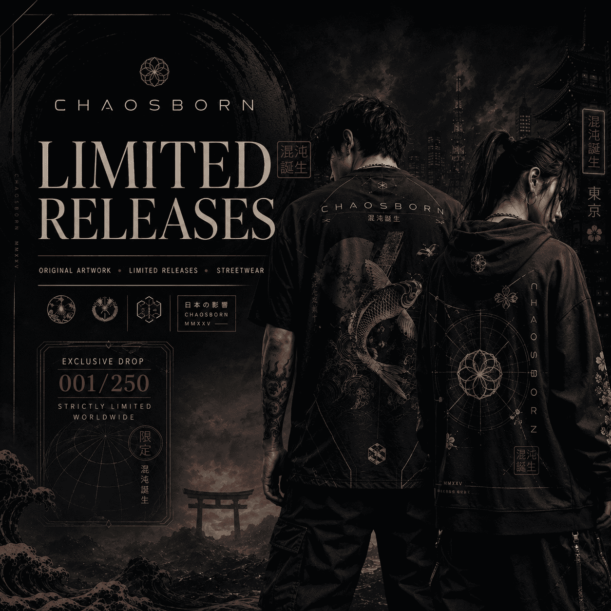 Limited release shirts by CHAOSBORN featuring original artwork, exclusive graphic designs and dark streetwear styling