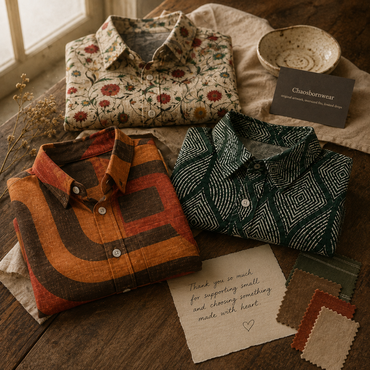 Three folded button-up shirts displayed on a rustic wooden table with fabric swatches, a small bowl, and a card reading Chasobornwear. The shirts include a cream floral print, a rust orange and brown geometric pattern, and a dark green and white herringbone pattern.