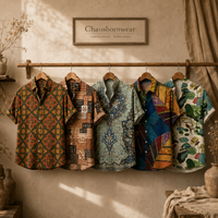 Five short-sleeve button-up shirts with colorful, intricate patterns are displayed on wooden hangers hanging from a horizontal wooden rod. The shirts feature various designs including geometric, tribal, and botanical motifs in a range of colors.