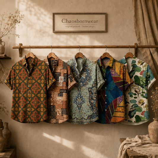 Five short-sleeve button-up shirts with colorful, intricate patterns are displayed on wooden hangers hanging from a horizontal wooden rod. The shirts feature various designs including geometric, tribal, and botanical motifs in a range of colors.