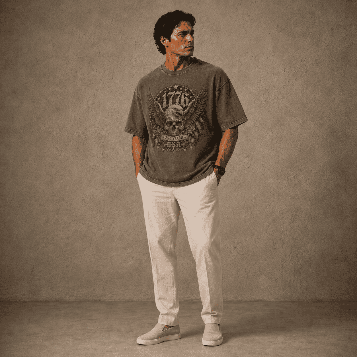 Man wearing a USA 250th Anniversary Shirt 1776 Skull Eagle graphic t-shirt and light-colored pants against a textured wall.
