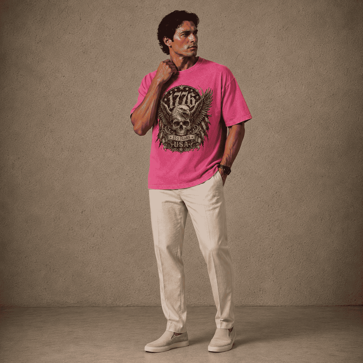 Man wearing a Pink USA 250th Anniversary Shirt Liberty Rider USA Shirt