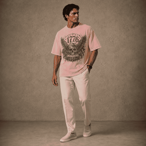 Man wearing a USA 250th Anniversary 1776 Skull Eagle pink t-shirt with a graphic design against a plain background