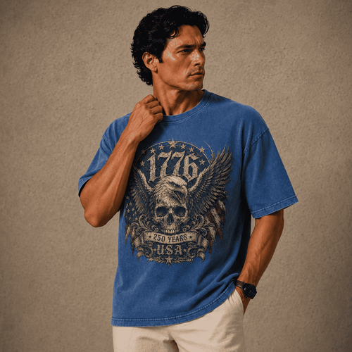 Man wearing a blue USA 250th Anniversary Shirt with a graphic design on a beige background
