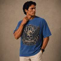 Man wearing Blue a USA 250th Anniversary Shirt Liberty Rider USA Shirt