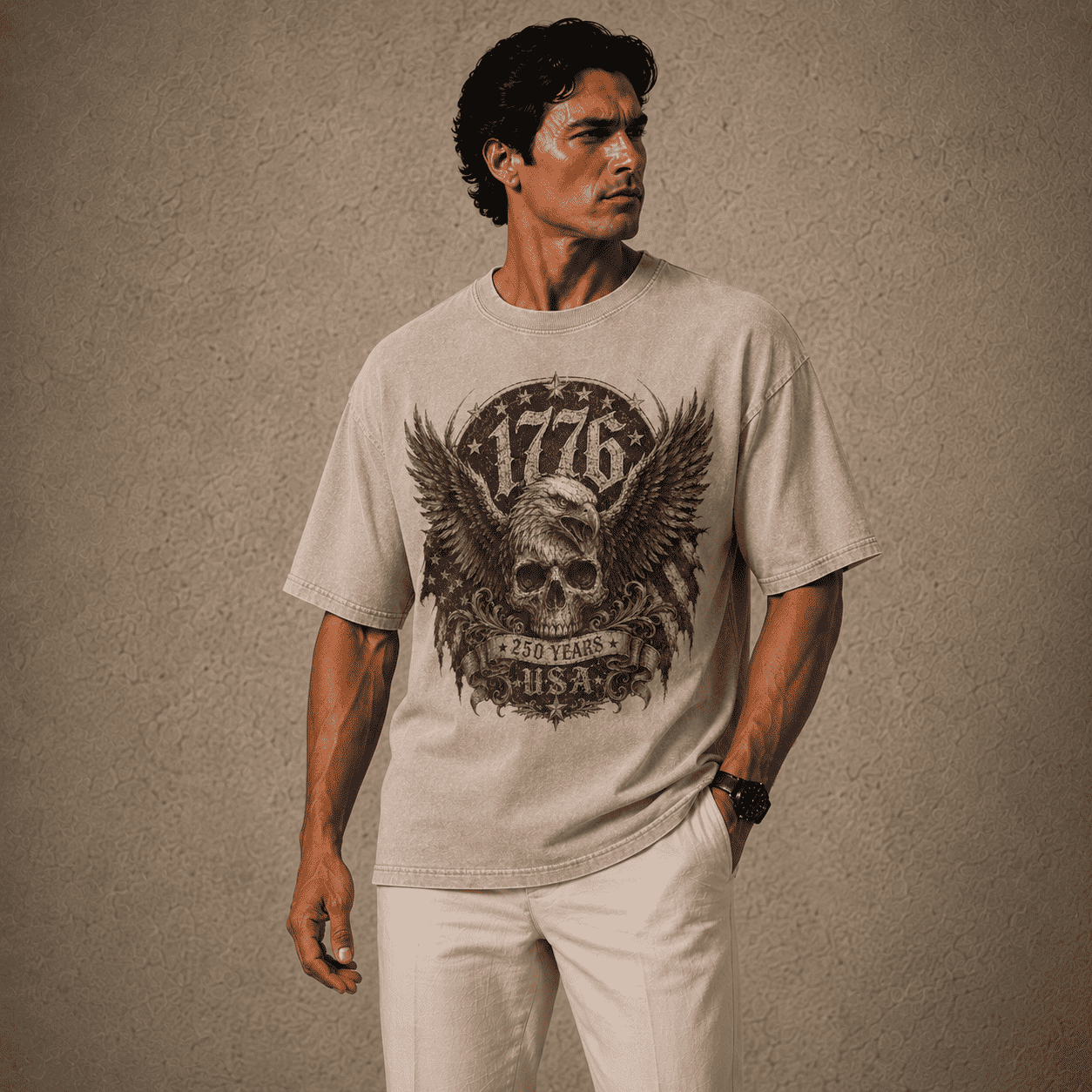 Man wearing a Cream USA 250th Anniversary Shirt Liberty Rider USA Shirt