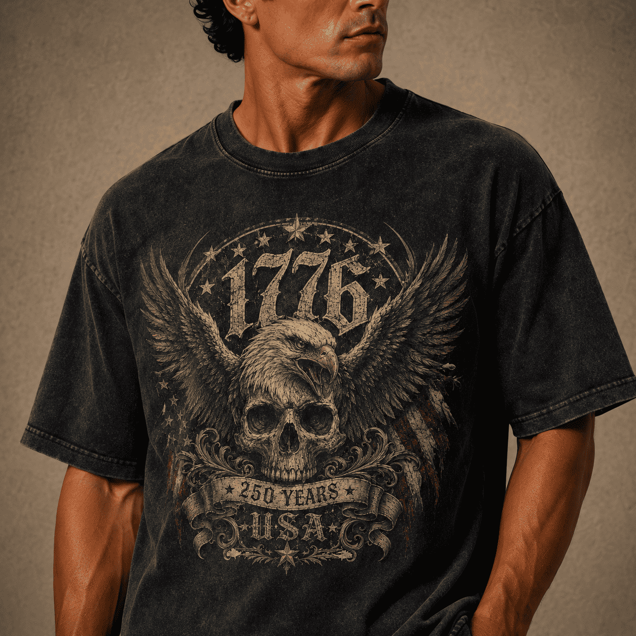 Man wearing a USA 250th Anniversary 1776 Skull Eagle black t-shirt with a graphic design featuring an eagle, skull, and text on a brown background