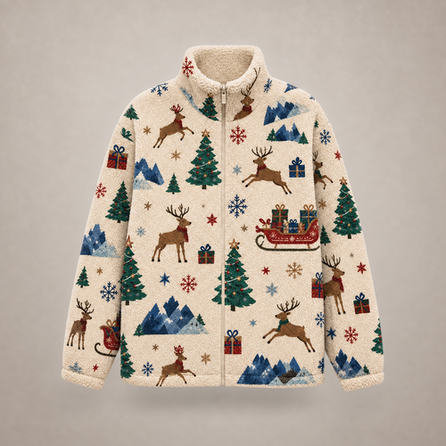 Unisex Christmas Fleece Jacket, Reindeer Sherpa Zip Jacket, Festive Winter Tree Print Coat, Holiday Fleece Gift for Him Her