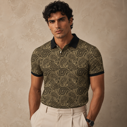 Man wearing a patterned polo shirt against a beige background