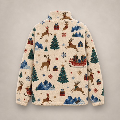 Unisex Christmas Fleece Jacket, Reindeer Sherpa Zip Jacket, Festive Winter Tree Print Coat, Holiday Fleece Gift for Him Her