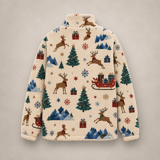 Unisex Christmas Fleece Jacket, Reindeer Sherpa Zip Jacket, Festive Winter Tree Print Coat, Holiday Fleece Gift for Him Her