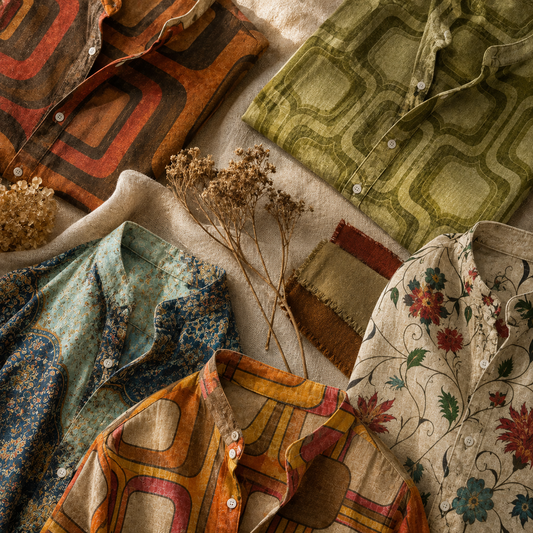 A styled flat-lay of multiple vintage-inspired button-up shirts with diverse patterns including geometric, floral, and abstract prints in earthy tones of green, orange, blue, beige, and brown, arranged on a neutral fabric background with dried flowers.